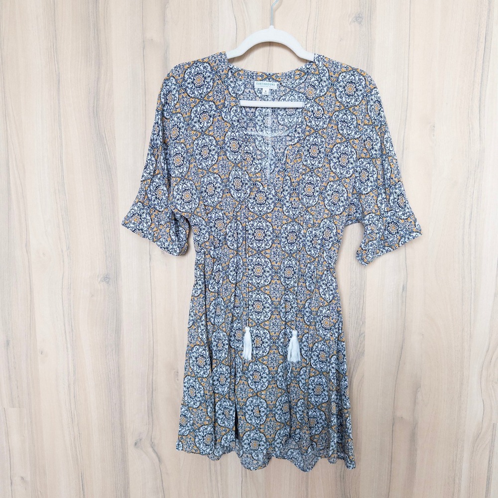Earthbound Womens Mini Dress S Blue Yellow Medallion Boho Tassel Festival Hippie